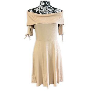 Hayden | Off Shoulder Ribbed Skater Dress in Nude | M